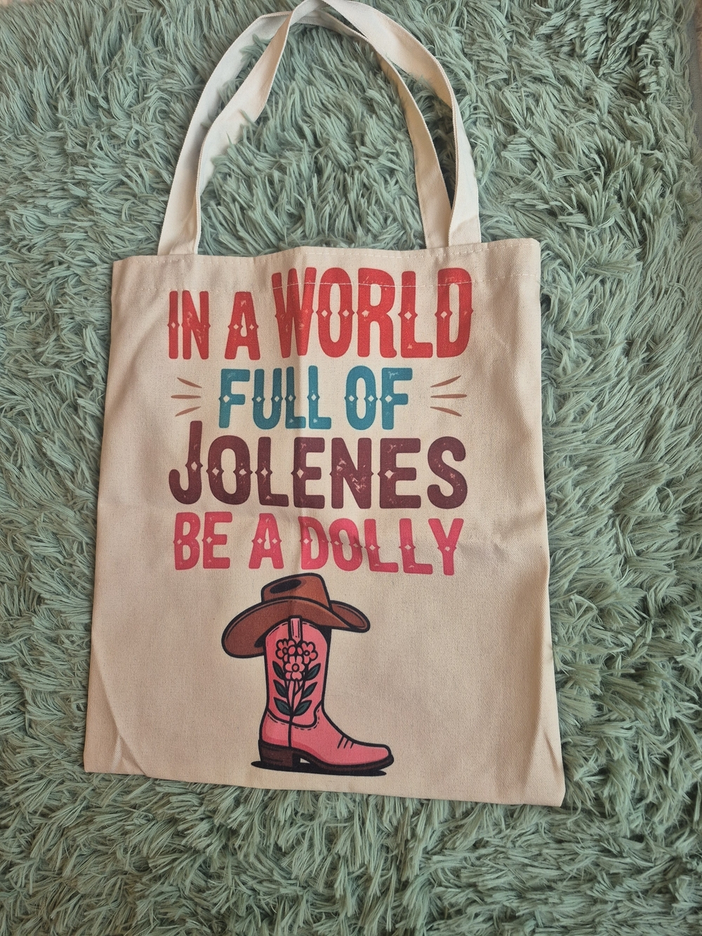 Cream Canvas Tote with Pink Boot Graphic and Red Typography